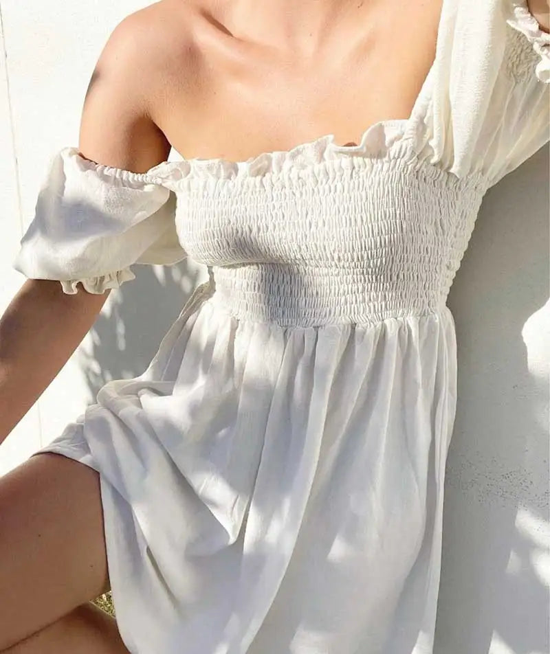 Boho Inspired Shirred Bust Cotton Dress – Puff Sleeve Elegant Summer Dress for Women
