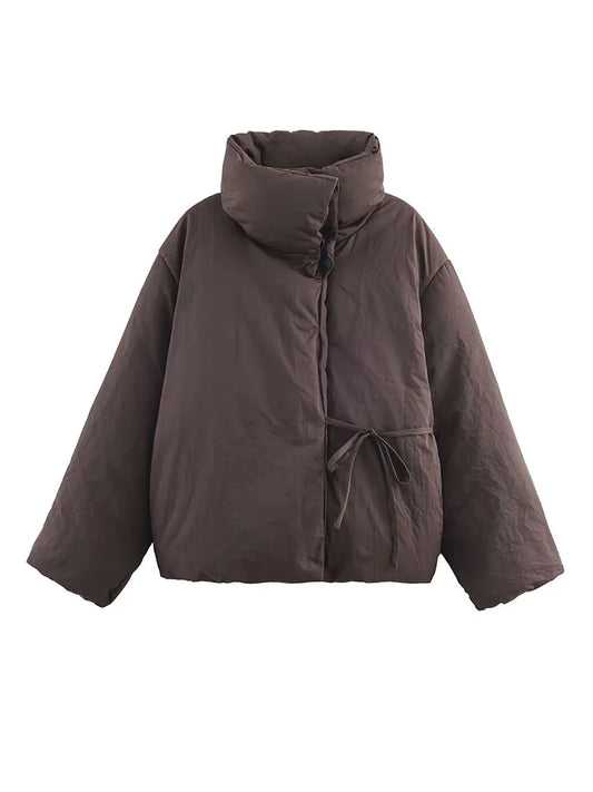 Women’s Winter Slim-Fit Short Jacket – High Collar Lace-Up Design