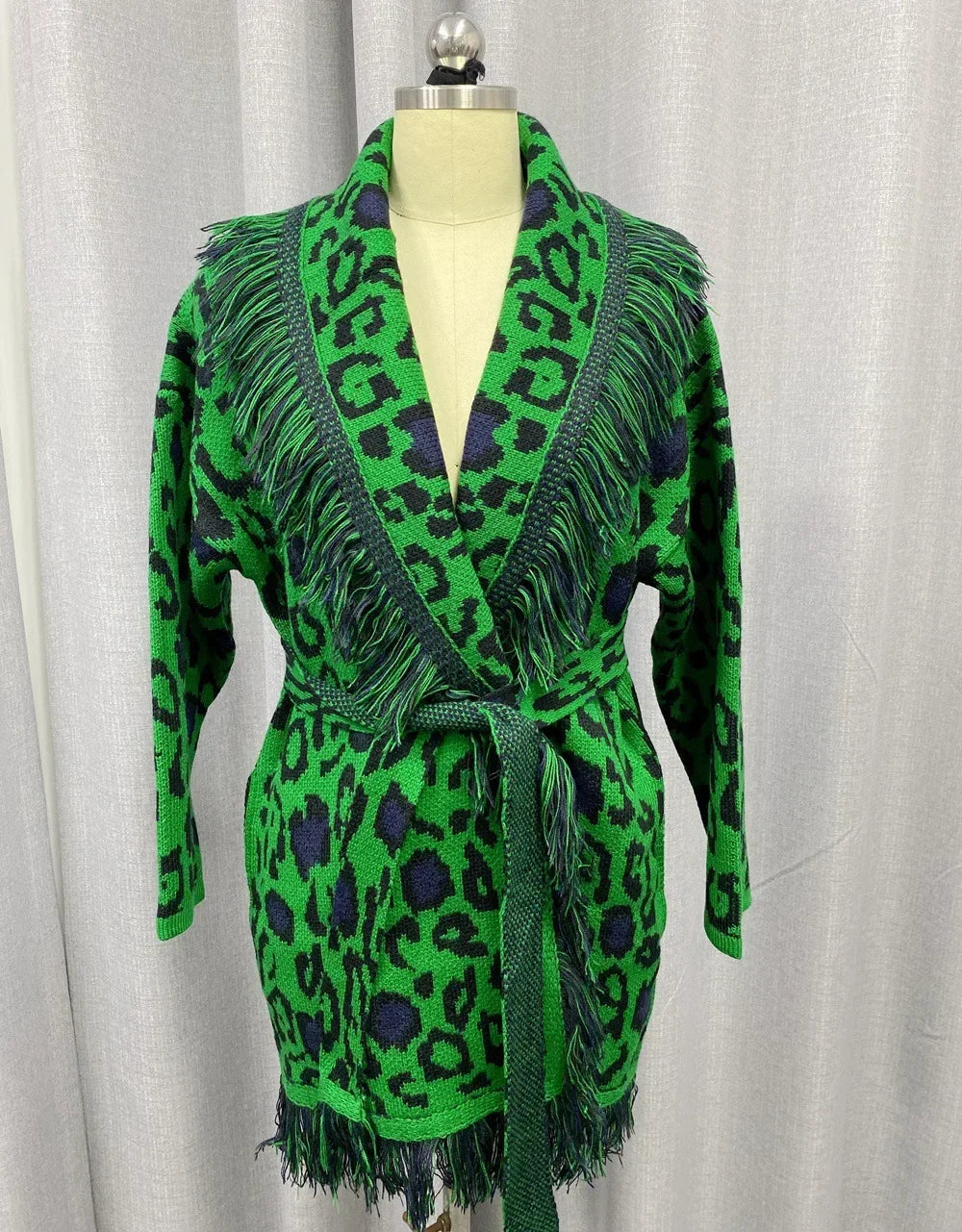 Boho Inspired Blue & White Knit Wool Cardigan – Belted Lapel Collar Sweater Jacket”