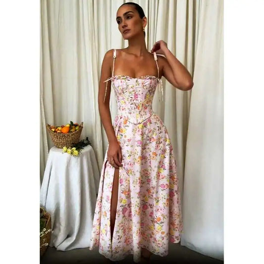 Pink Floral Boho Cotton Midi Dress – Strapless Corset Summer Party Dress with Side Slit