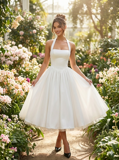 Elegant Sleeveless Midi Dress with Tie-Up Halter Neck and Open Back – Women’s A-Line Tank Dress in Solid Color