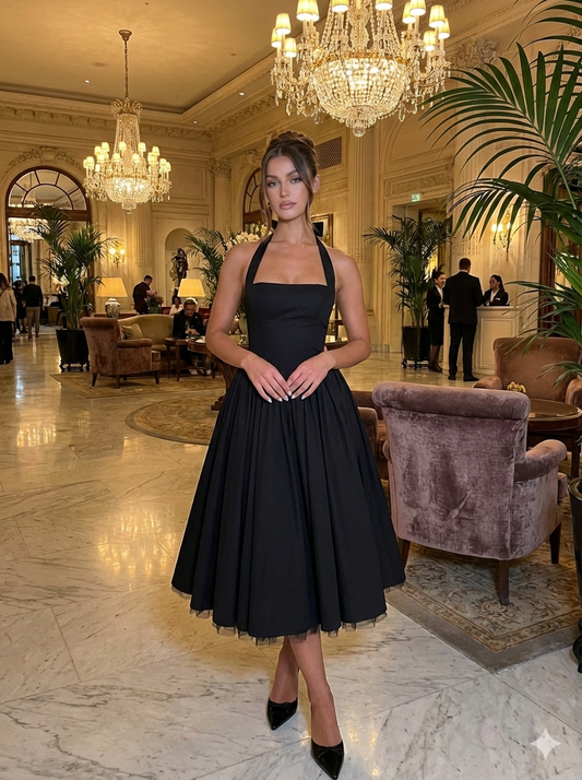 Elegant Sleeveless Midi Dress with Tie-Up Halter Neck and Open Back – Women’s A-Line Tank Dress in Solid Color