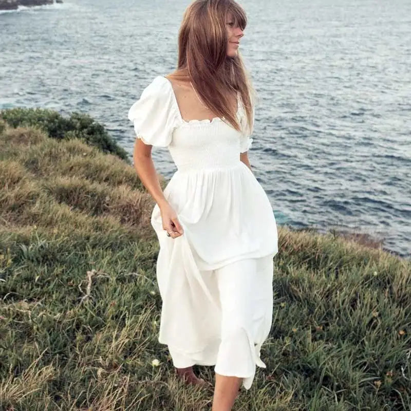 Boho Inspired Shirred Bust Cotton Dress – Puff Sleeve Elegant Summer Dress for Women