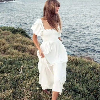 Boho Inspired Shirred Bust Cotton Dress – Puff Sleeve Elegant Summer Dress for Women