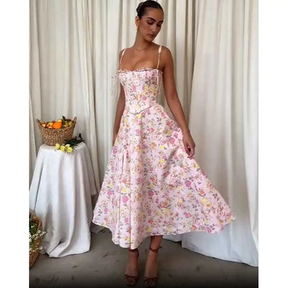 Pink Floral Boho Cotton Midi Dress – Strapless Corset Summer Party Dress with Side Slit