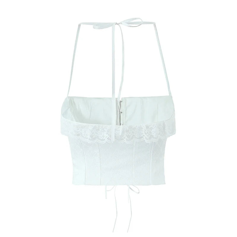 White Jacquard Corset Crop Top – Boho Lace-Up Halter Neck Summer Top