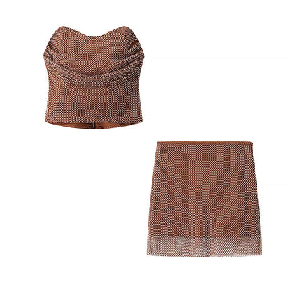 Women’s Rhinestone Two-Piece Party Set – Strapless Top & A-Line Mini Skirt