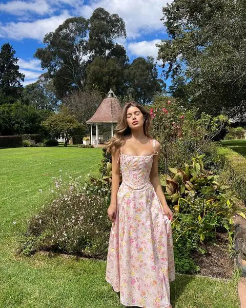 Pink Floral Boho Cotton Midi Dress – Strapless Corset Summer Party Dress with Side Slit