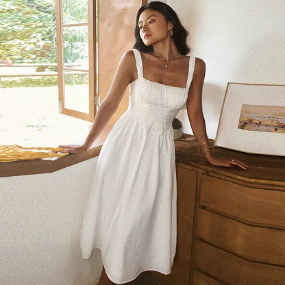 White Boho Corset Midi Dress – Lace-Up Front Sleeveless Summer Gown