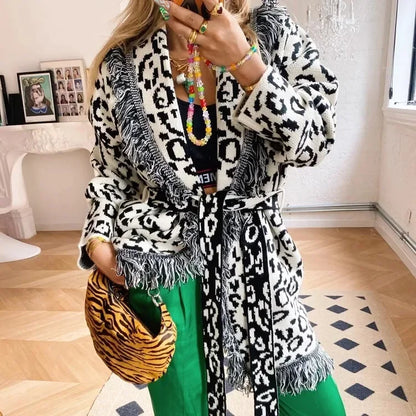 Boho Inspired Blue & White Knit Wool Cardigan – Belted Lapel Collar Sweater Jacket”