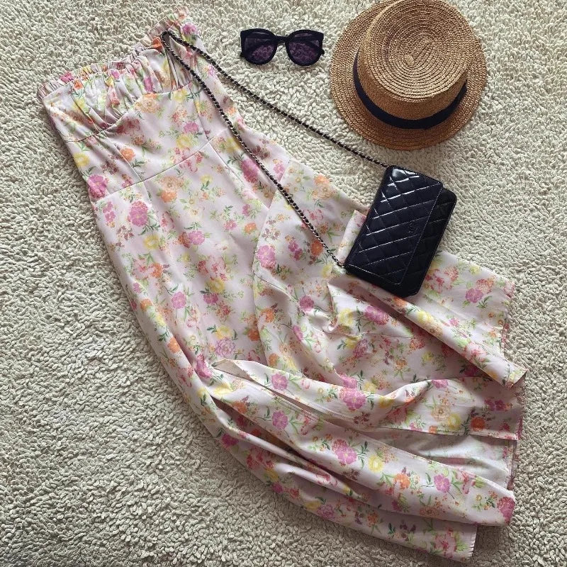 Pink Floral Boho Cotton Midi Dress – Strapless Corset Summer Party Dress with Side Slit