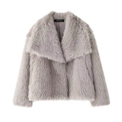 Elegant Faux Fur Lapel Coat – Warm Fluffy Jacket