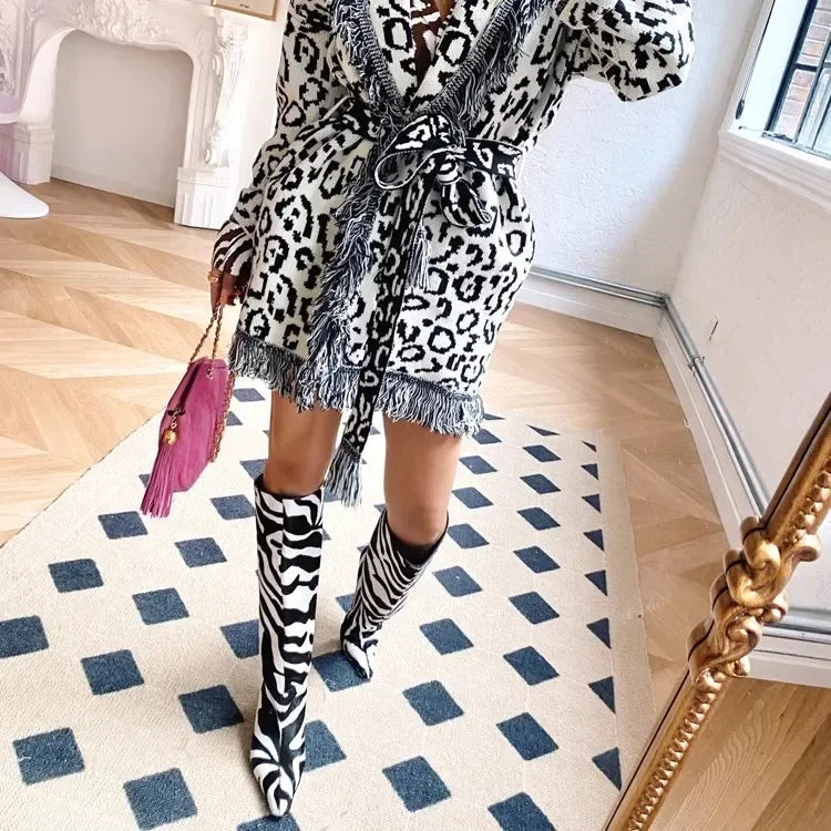 Boho Inspired Blue & White Knit Wool Cardigan – Belted Lapel Collar Sweater Jacket”