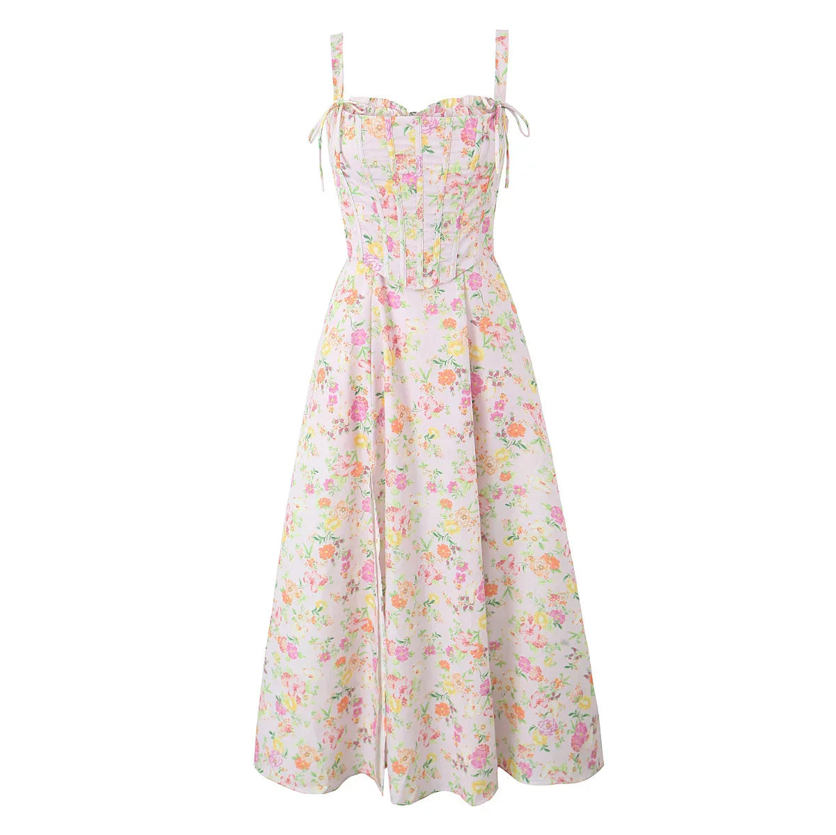 Pink Floral Boho Cotton Midi Dress – Strapless Corset Summer Party Dress with Side Slit