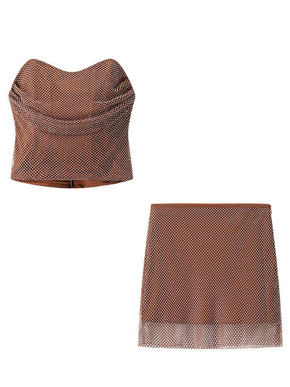 Women’s Rhinestone Two-Piece Party Set – Strapless Top & A-Line Mini Skirt