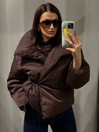 Women’s Winter Slim-Fit Short Jacket – High Collar Lace-Up Design