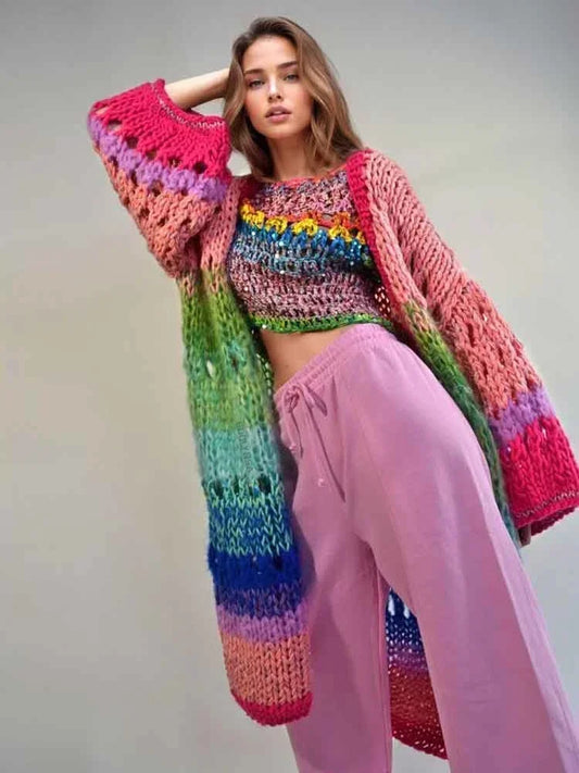 Boho Colorful Handknit Bell Sleeve Crochet Kimono Cardigan.