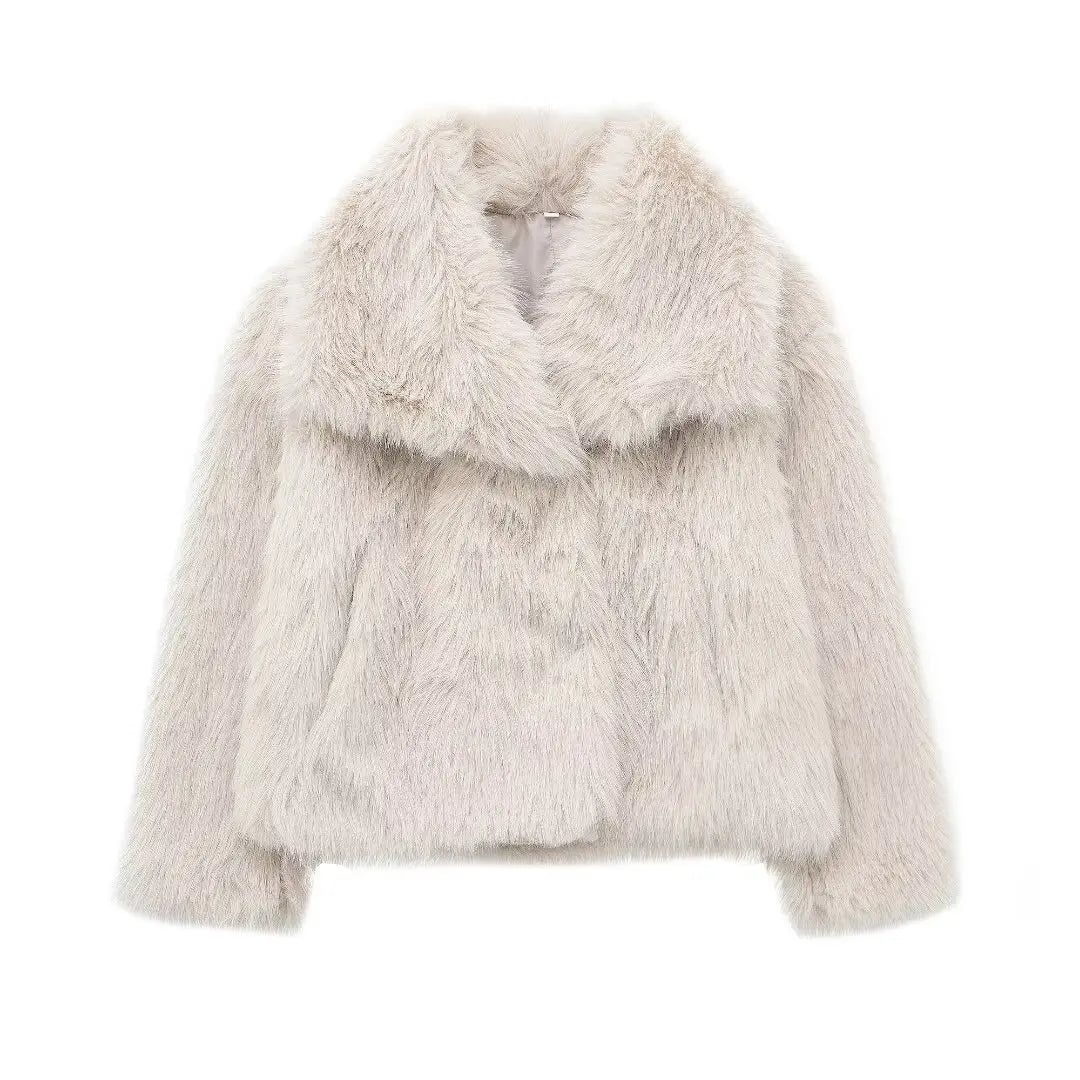 Elegant Faux Fur Lapel Coat – Warm Fluffy Jacket