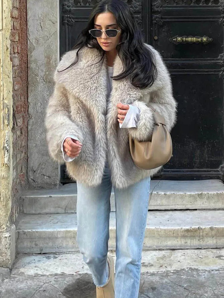 Elegant Faux Fur Lapel Coat – Warm Fluffy Jacket