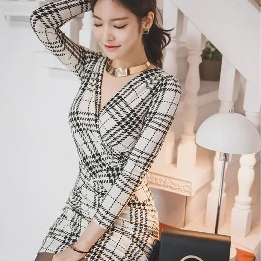 Korean-Style Houndstooth V-Neck Long Sleeve Bodycon Dress