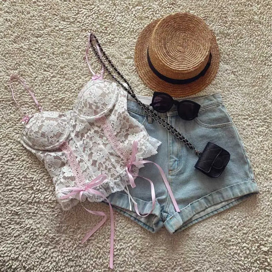 White Boho Corset Crop Top | Sexy Y2k Sleeveless Blouse