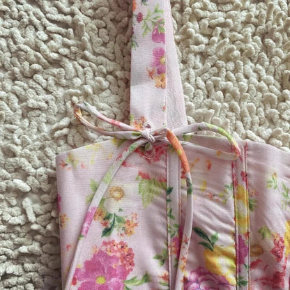 Pink Floral Boho Cotton Midi Dress – Strapless Corset Summer Party Dress with Side Slit