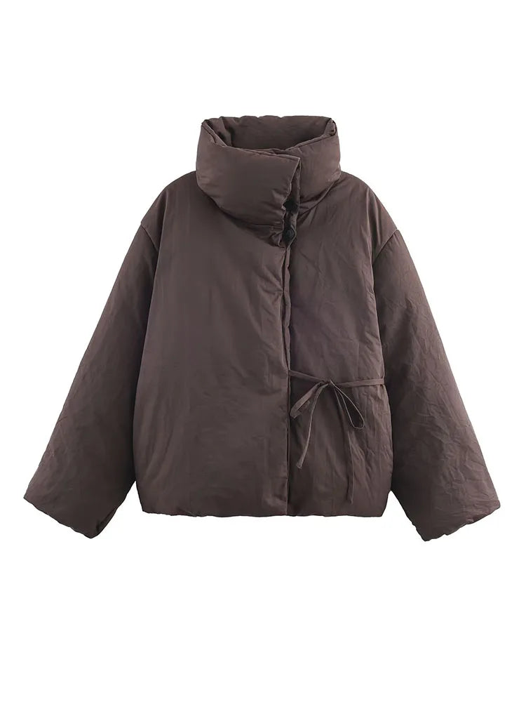 Women’s Winter Slim-Fit Short Jacket – High Collar Lace-Up Design