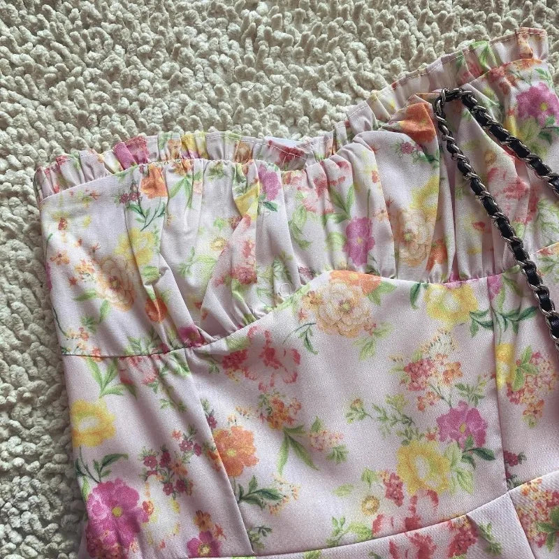 Pink Floral Boho Cotton Midi Dress – Strapless Corset Summer Party Dress with Side Slit