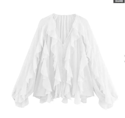 Women’s Elegant V-Neck Long Sleeve Blouse – Single-Breasted Design