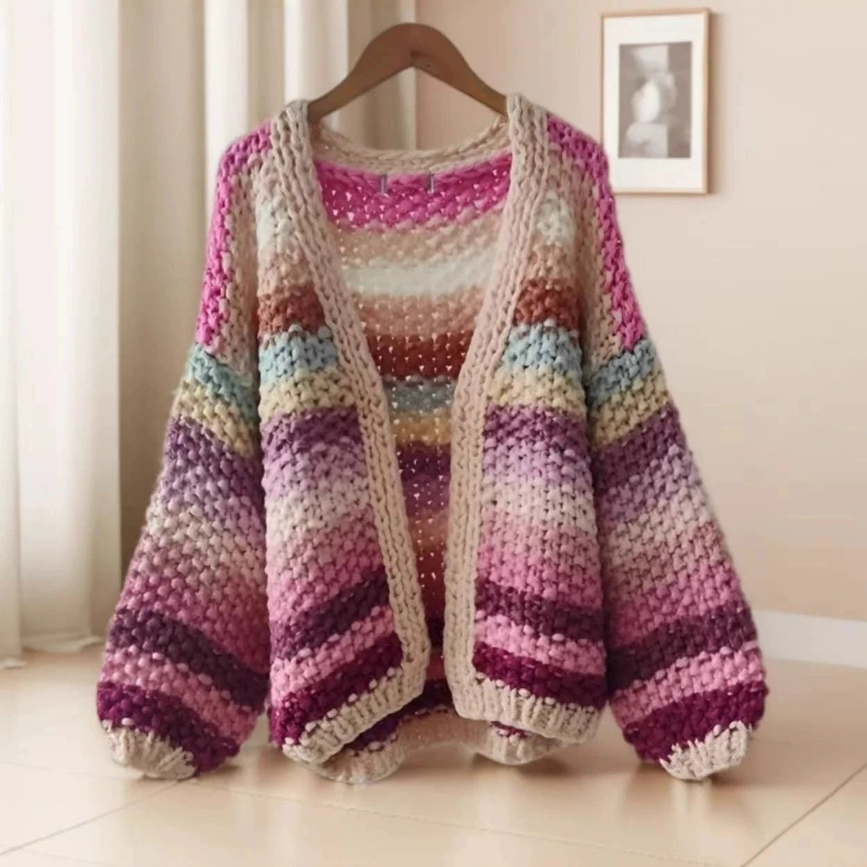 Women’s Crocheted Striped Knit Sweater – Warm Open Stitch Fall Winter