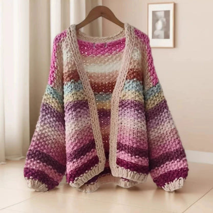 Women’s Crocheted Striped Knit Sweater – Warm Open Stitch Fall Winter