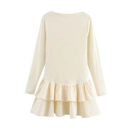 Women’s Retro Pleated Mini Dress with Ruffle Details and Boat Neck