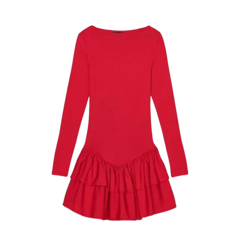 Women’s Retro Pleated Mini Dress with Ruffle Details and Boat Neck