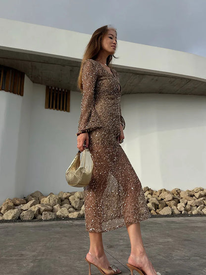 Women’s Elegant Beach-Style V-Neck Sequin Midi Dress