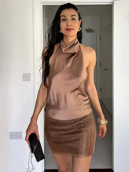 Women’s Rhinestone Two-Piece Party Set – Strapless Top & A-Line Mini Skirt