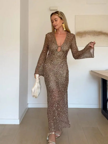 Women’s Elegant Beach-Style V-Neck Sequin Midi Dress