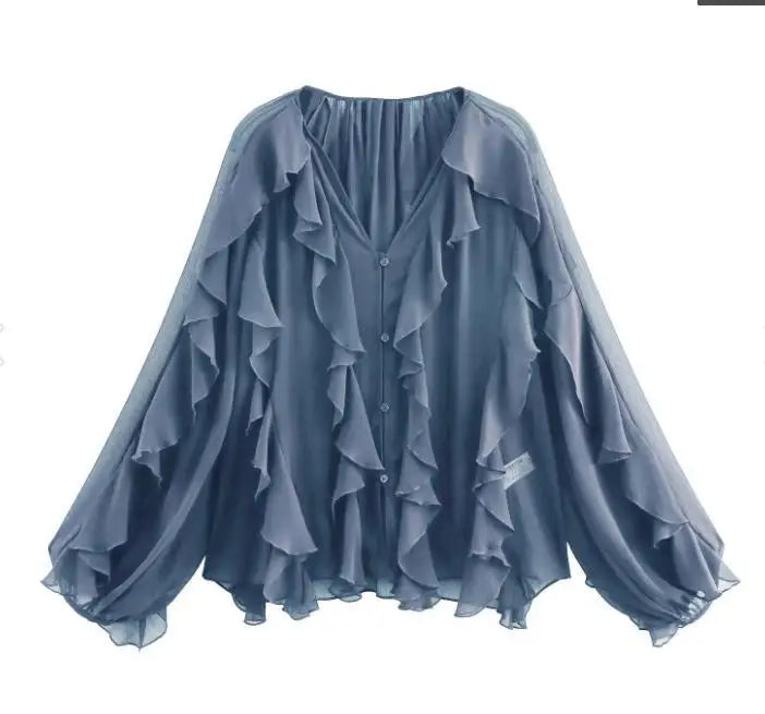 Women’s Elegant V-Neck Long Sleeve Blouse – Single-Breasted Design