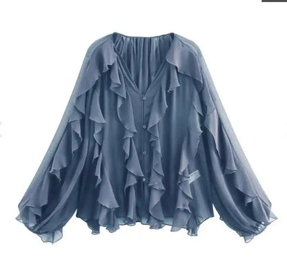 Women’s Elegant V-Neck Long Sleeve Blouse – Single-Breasted Design