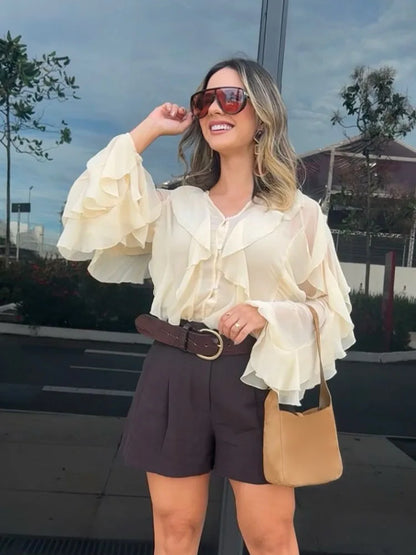 Women’s Elegant V-Neck Long Sleeve Blouse – Single-Breasted Design