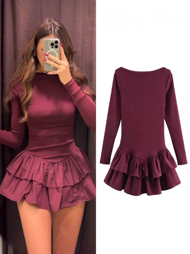 Women’s Retro Pleated Mini Dress with Ruffle Details and Boat Neck