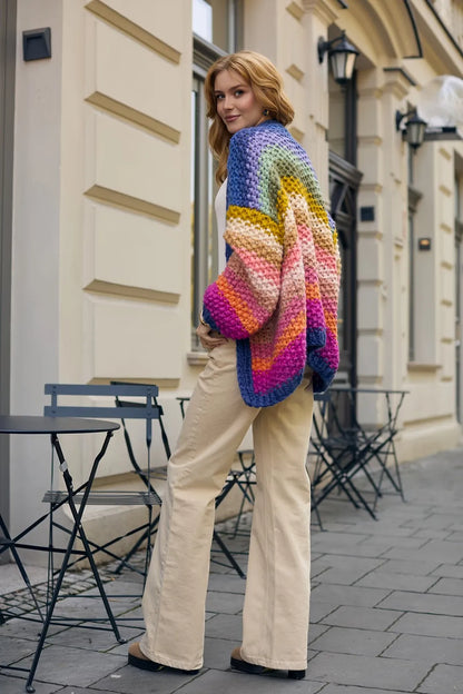 Women’s Crocheted Striped Knit Sweater – Warm Open Stitch Fall Winter