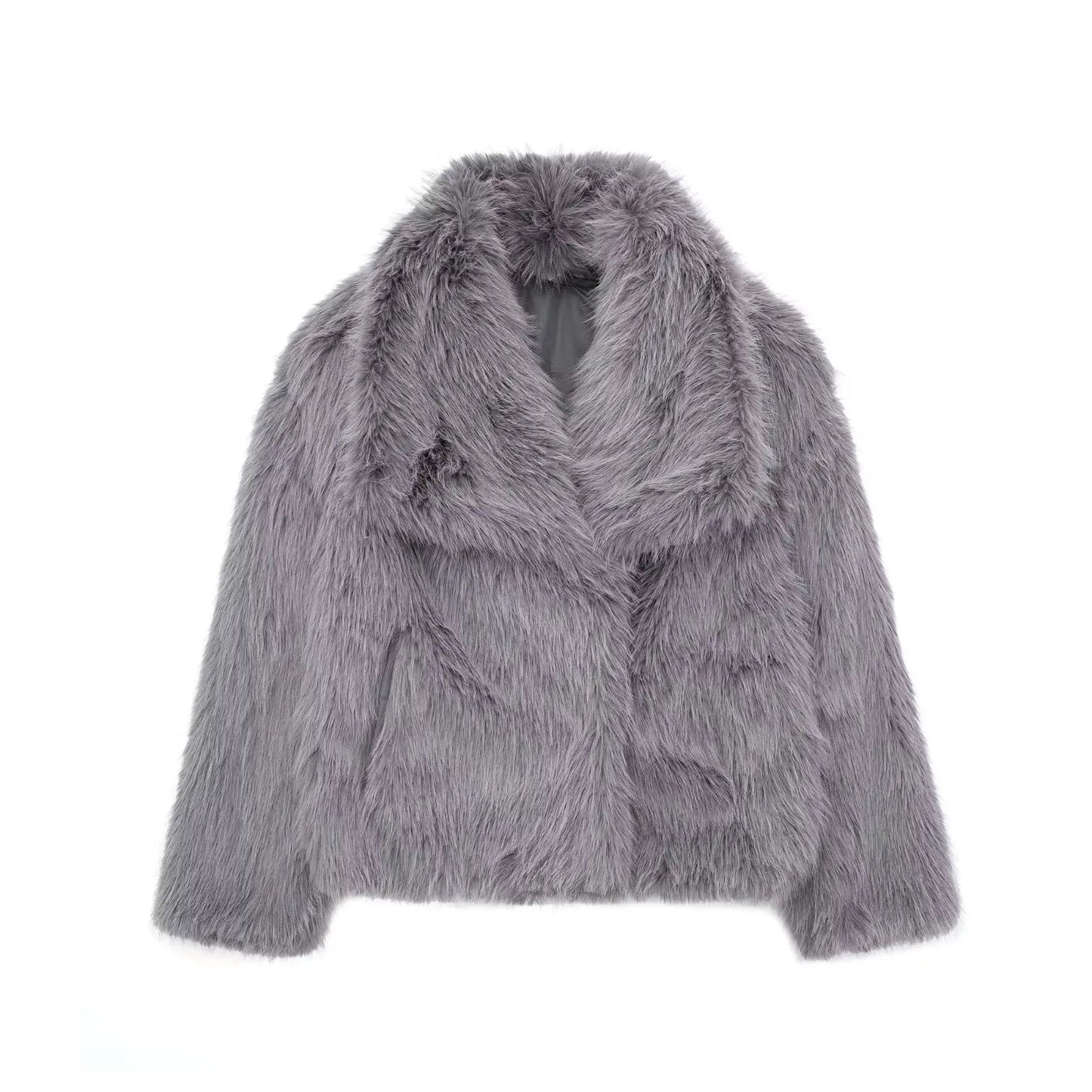 Elegant Faux Fur Lapel Coat – Warm Fluffy Jacket