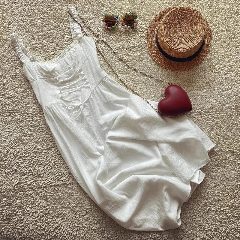 White Boho Corset Midi Dress – Lace-Up Front Sleeveless Summer Gown