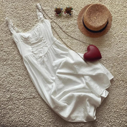 White Boho Corset Midi Dress – Lace-Up Front Sleeveless Summer Gown