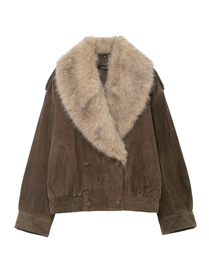 Women’s Double-Breasted Faux Fur Collared Short Jacket