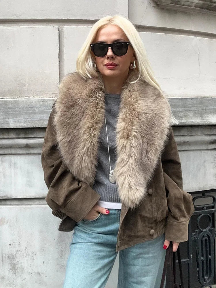 Women’s Double-Breasted Faux Fur Collared Short Jacket