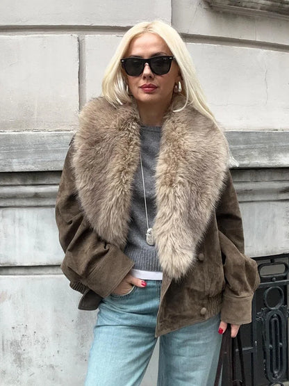 Women’s Double-Breasted Faux Fur Collared Short Jacket