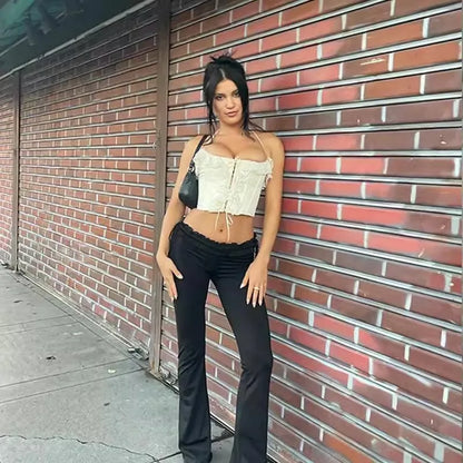 White Jacquard Corset Crop Top – Boho Lace-Up Halter Neck Summer Top