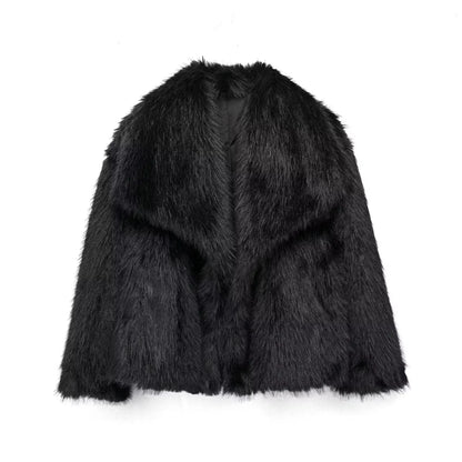 Elegant Faux Fur Lapel Coat – Warm Fluffy Jacket