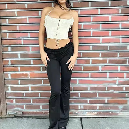 White Jacquard Corset Crop Top – Boho Lace-Up Halter Neck Summer Top